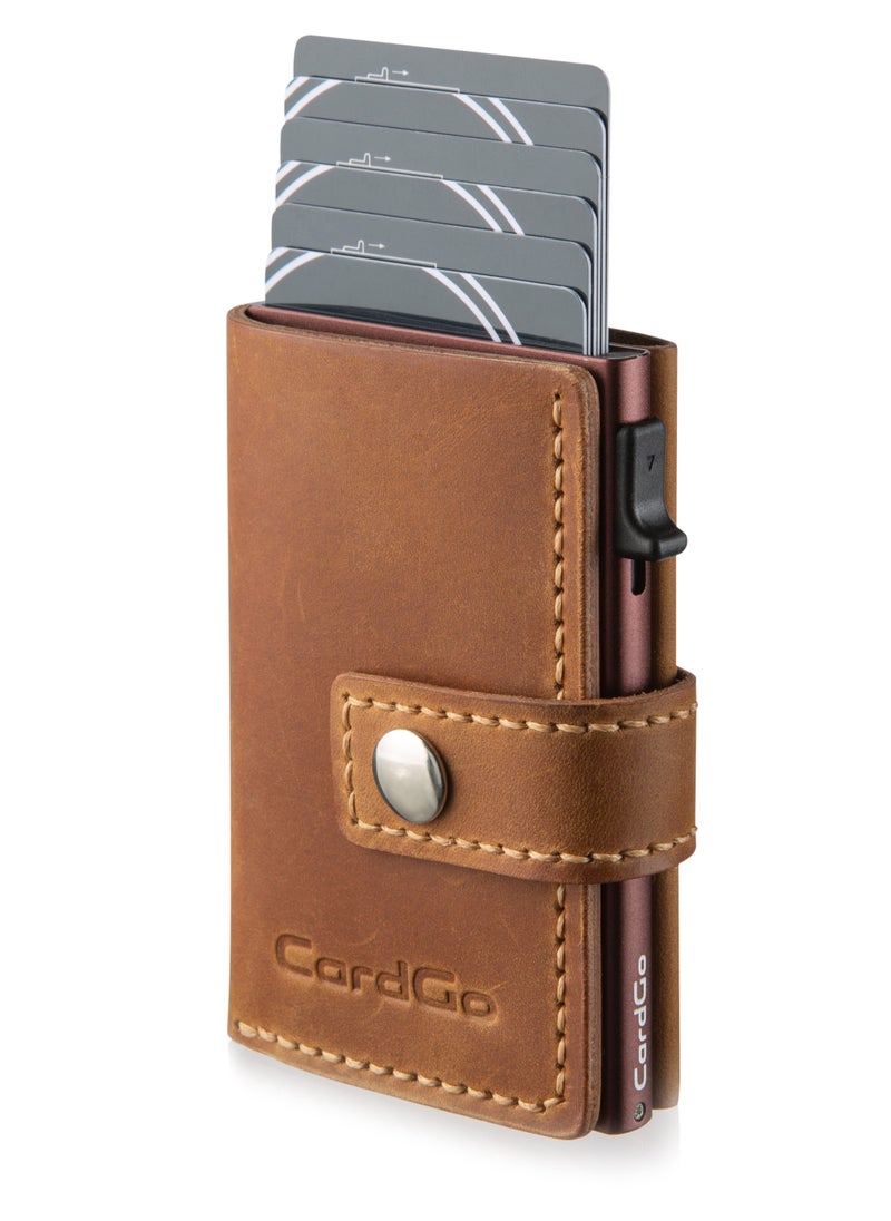 CardGo Light Brown Leather Wallet: Stylish handcrafted RFID-protected slim cardholder with quick-access mechanism, premium leather, compact design, and gift packaging