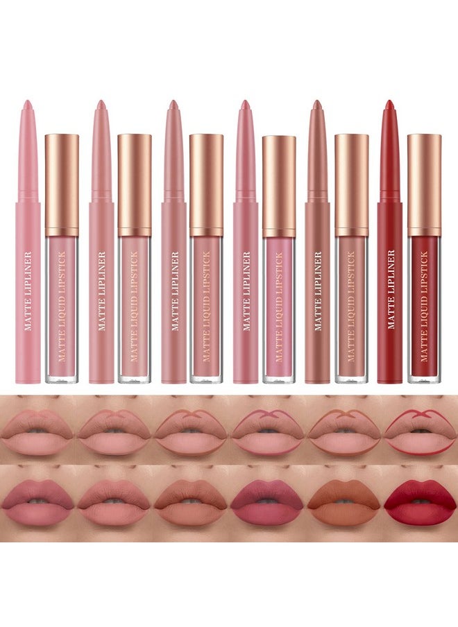 12Pcs Matte Liquid Lipstick + Lip Liner Pens Set, One Step Lips Makeup Sets Pigment Velvety Nude Lip Stain Waterproof Long Wear Lip Gloss Make Up Gift Set (Set C)