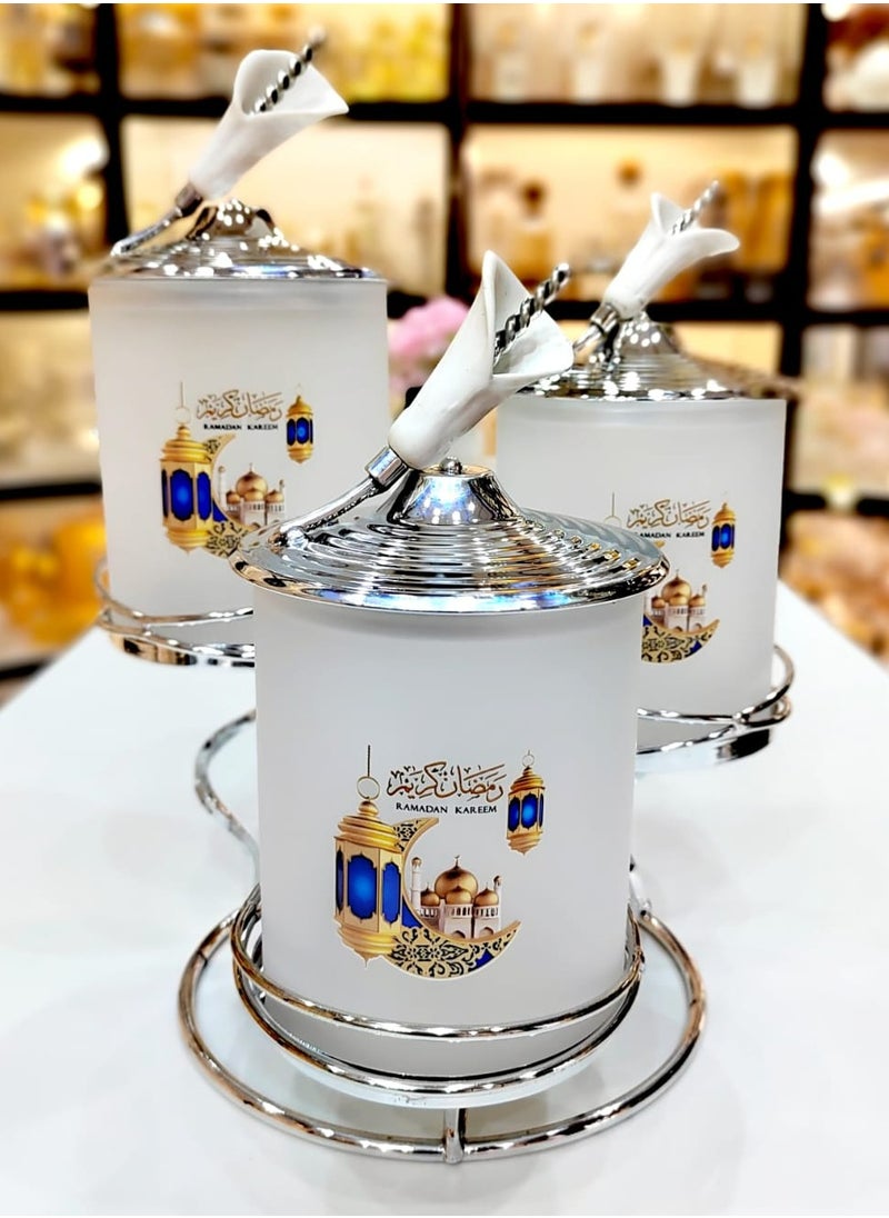 Ramdan Kareem 3 Piece Glass Candy Jar With Metal Stand And Lid