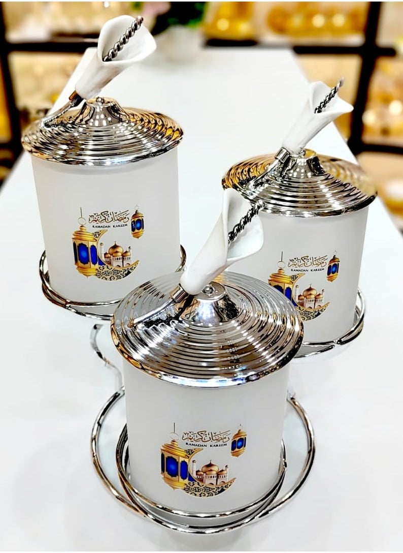 Ramdan Kareem 3 Piece Glass Candy Jar With Metal Stand And Lid