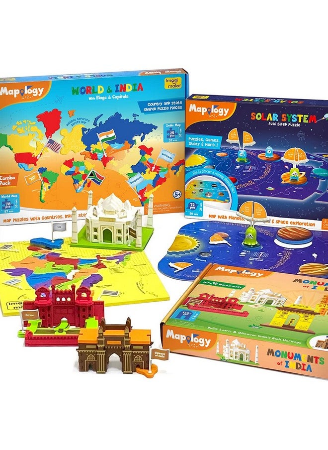 Mapology Ultimate Combo: India & World Map Puzzle, Solar System Puzzle & Monument Of India Construstion Set - Educational Toy For Kids Above 5 Years