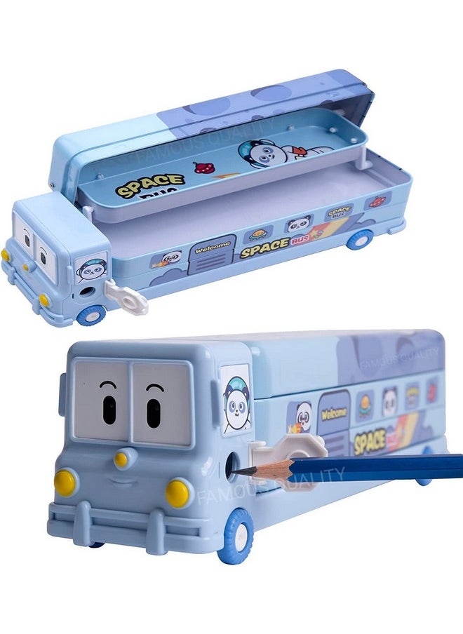 ® 2 In 1 - Cartoon Printed School Bus Metal Pencil Box With Moving Tyres And Sharpener For Kids - Blue,Metal