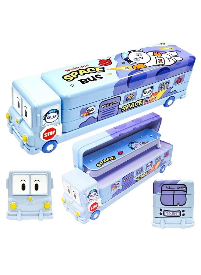 ® 2 In 1 - Cartoon Printed School Bus Metal Pencil Box With Moving Tyres And Sharpener For Kids - Blue,Metal