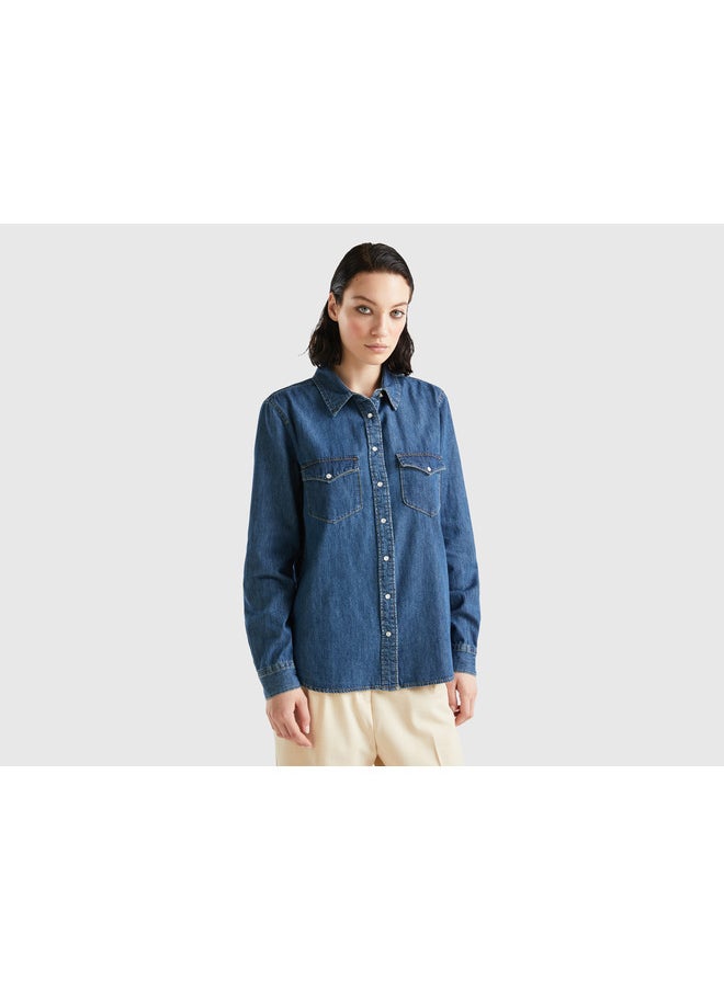 Women Regular Fit Denim Shirt L - Blue