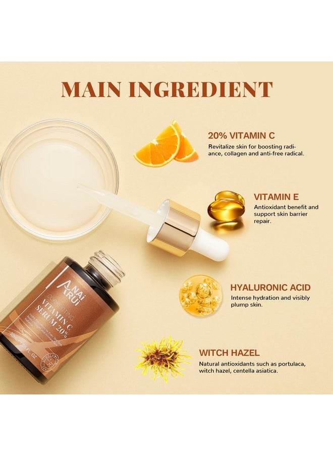 Anairui Vitamin C Serum 20%, With Hyaluronic Acid, Vitamin E, Increase Firmness, Reduce Fine Lines, Wrinkles,Dark Spots, Uneven Skin Tone 1Fl. Oz