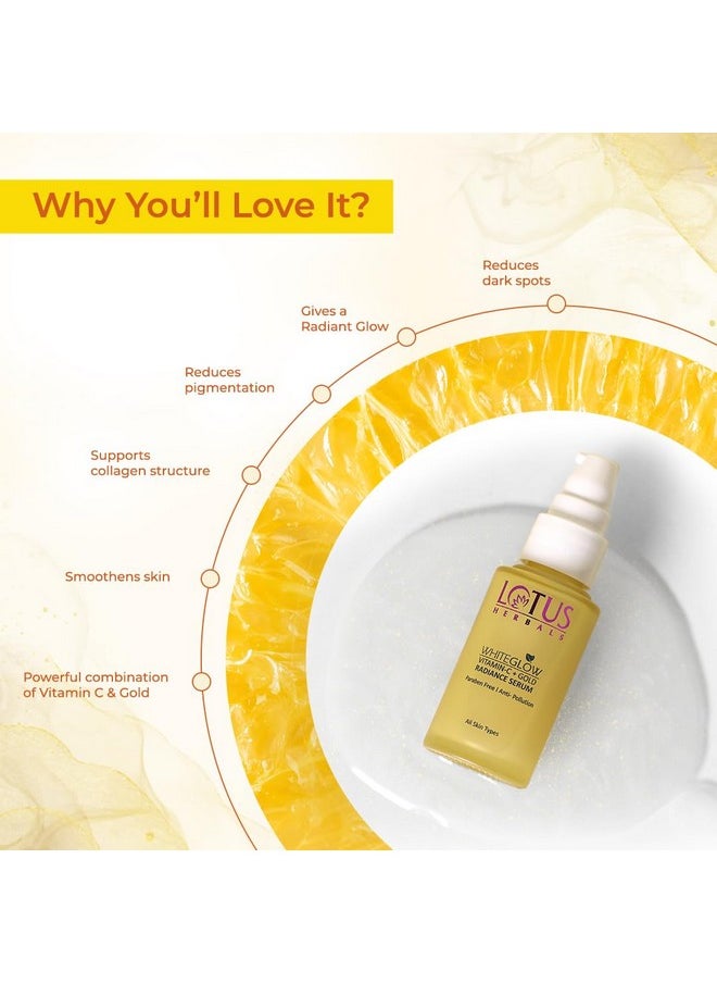 Whiteglow Vitamin C And Gold Radiance Face Serum | Reduces Dark Spots | Enriched With Vitamin C & Gold | | 100X More Vitamin C | Smoothens Skin | Boosts Radiance | Paraben-Free | 30Ml