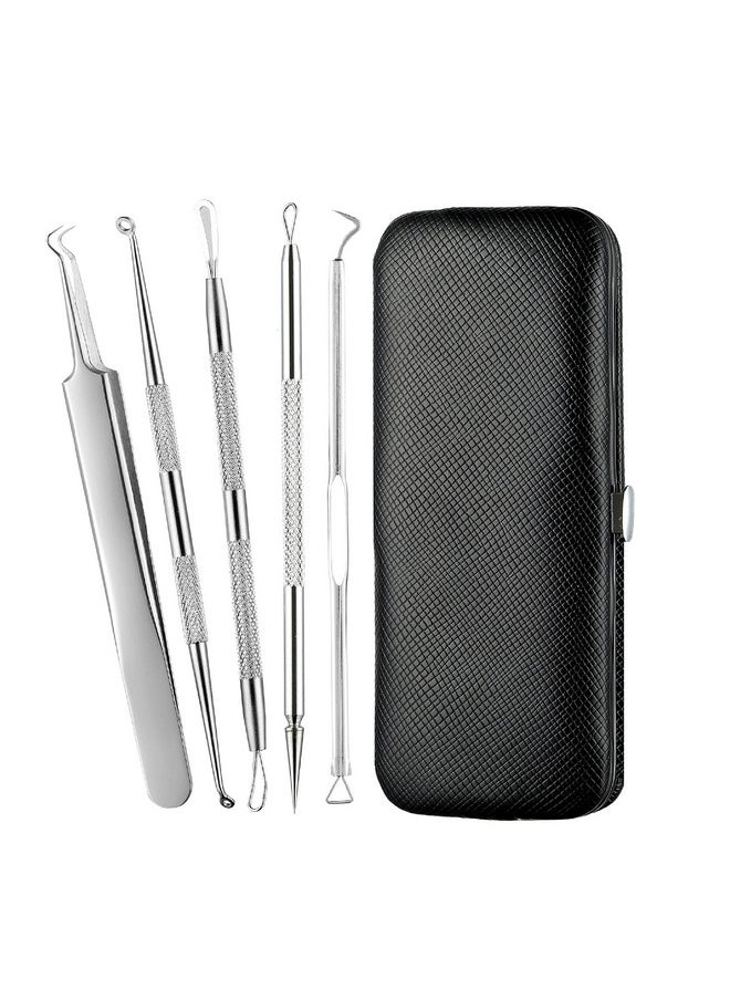 Stainless Steel Anti-Slid Handle Blackhead Remover Tools Kit With Case, Pack Of 5 (Silver)