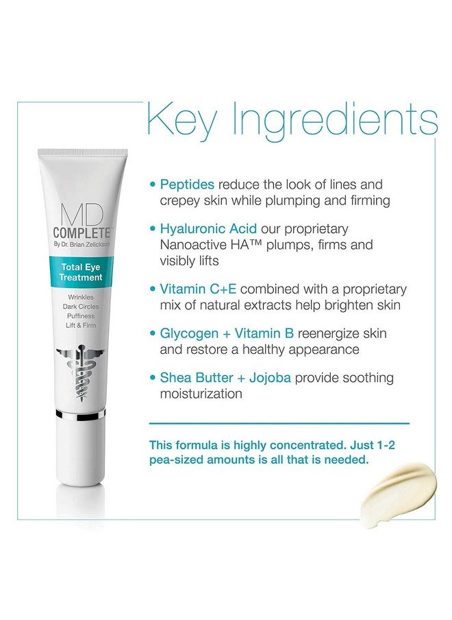 Md Complete Total Eye Treatment | Anti-Aging Hydrating Skin Renewal Eye Treatment | With Peptides, Vitamins C & E And Hyaluronic Acid For Wrinkles, Fine Lines And Crows Feet 0.5 Fl Oz