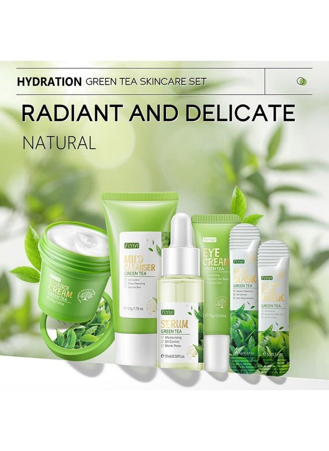 Green Tea Skincare Set, Hydrated Skincare Gift Set For Women Skin Care Kit With Cleanser, Toner, Serum, Cream, Lotion, Eye Cream, Skincare Starter Kit For Women Hydrating Skin