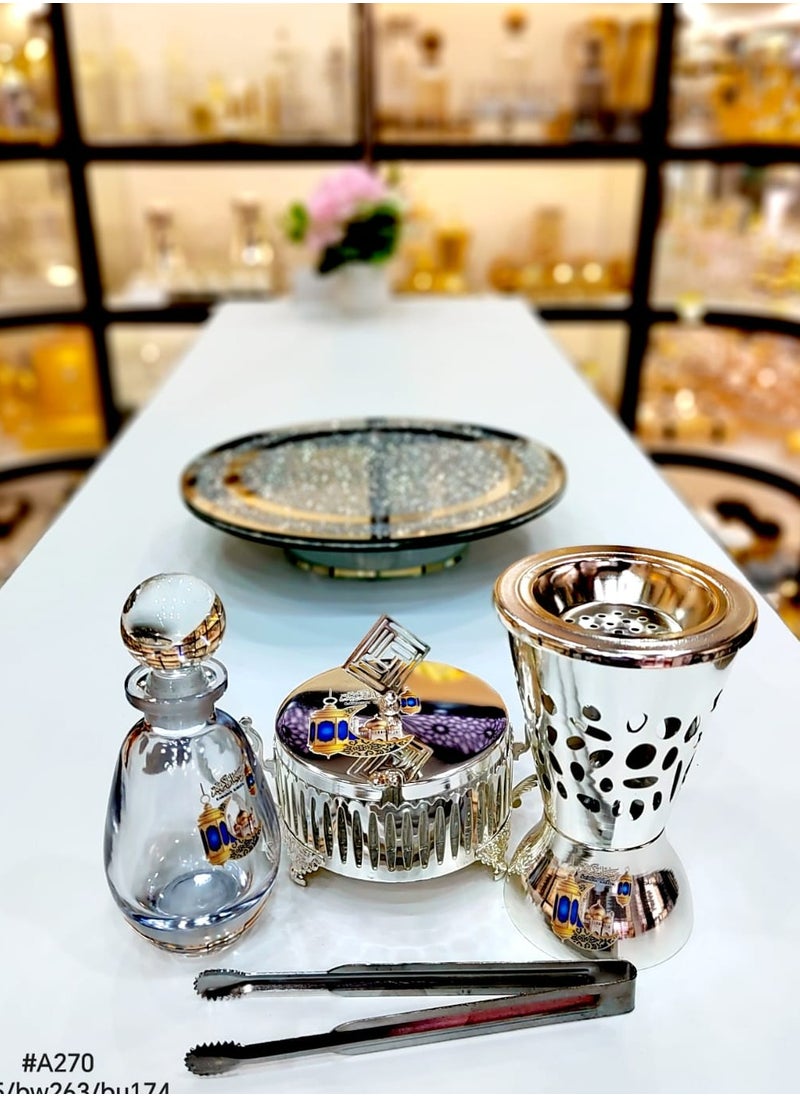 Ramadan Kareem Incense Bakhoor Burner 5 Pcs Set Burner Bowl Tong Mirror Moving Tray Oil Perfume Bottle