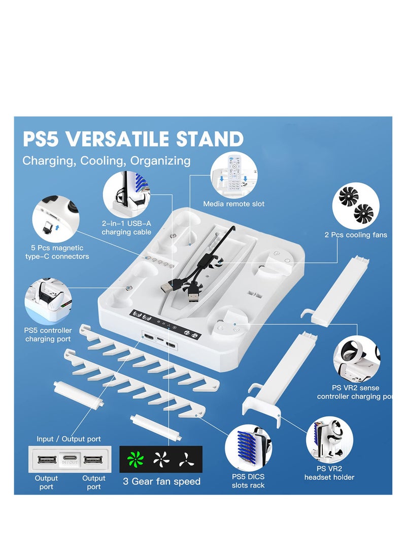 Charging Station for PS VR2 PS5 with 2 Cooling Fan, 3-in-1 Stand for PS5 and PS VR2 Controllers Charging, PS5 VR2 Charging Display Stand with Headset and Game Storage Holder