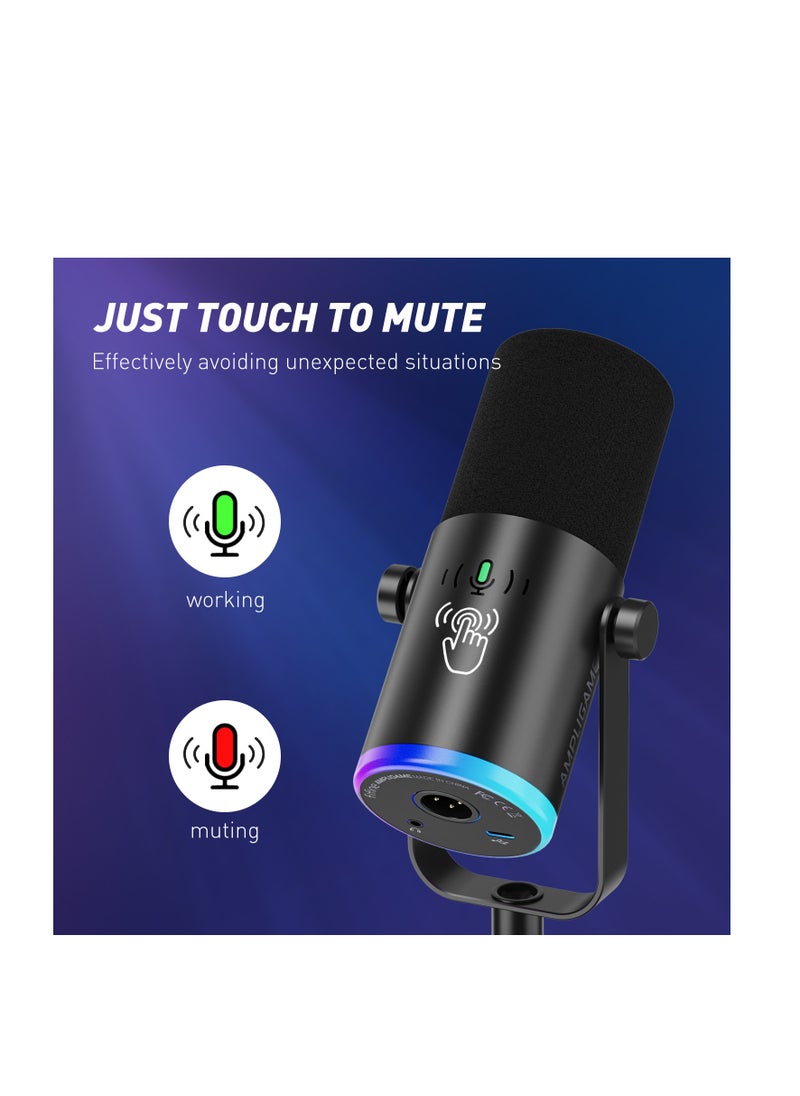 FIFINE AM8 NEO XLR/USB-C Dynamic Microphone with RGB Lighting & Real-Time Monitoring