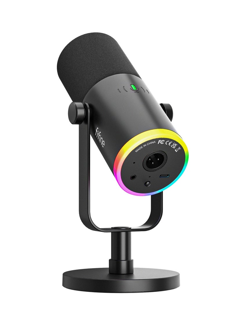 FIFINE AM8 NEO XLR/USB-C Dynamic Microphone with RGB Lighting & Real-Time Monitoring