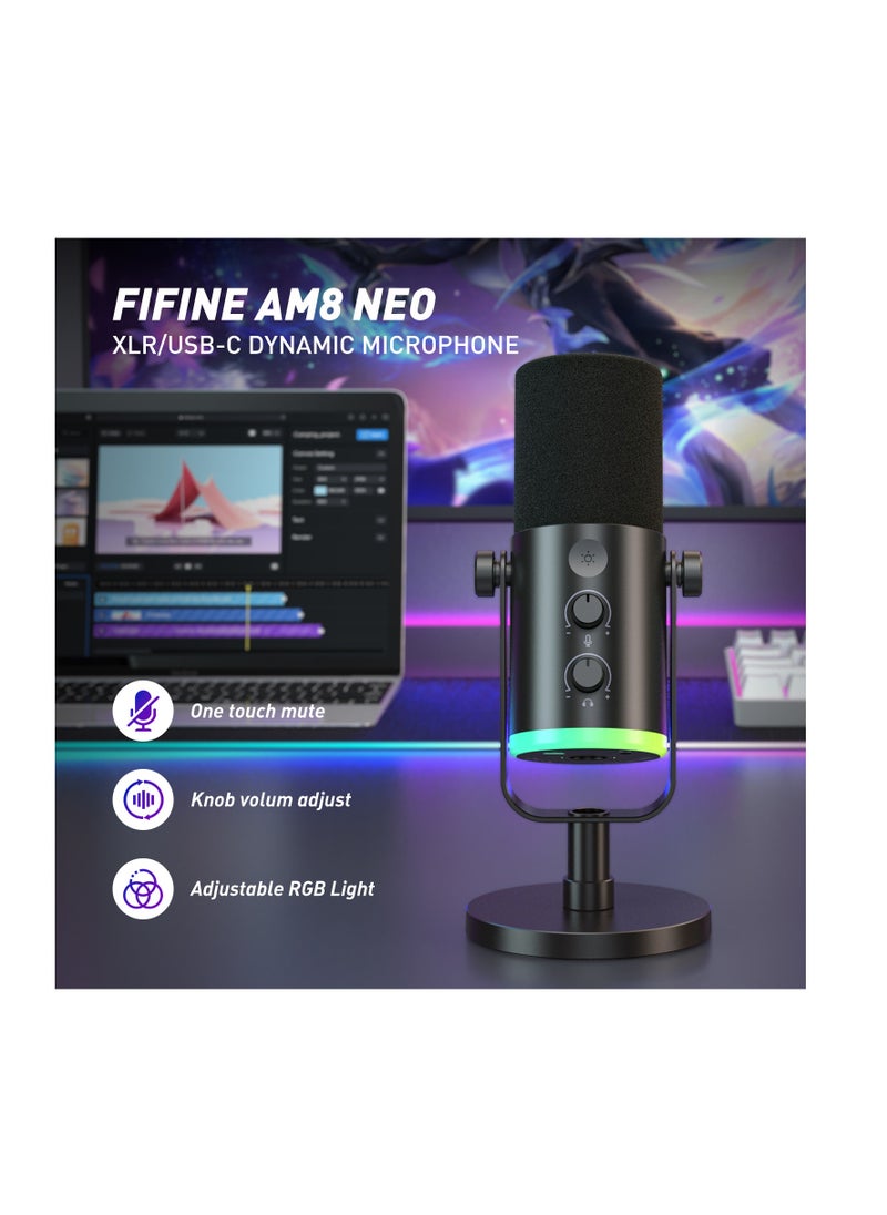 FIFINE AM8 NEO XLR/USB-C Dynamic Microphone with RGB Lighting & Real-Time Monitoring