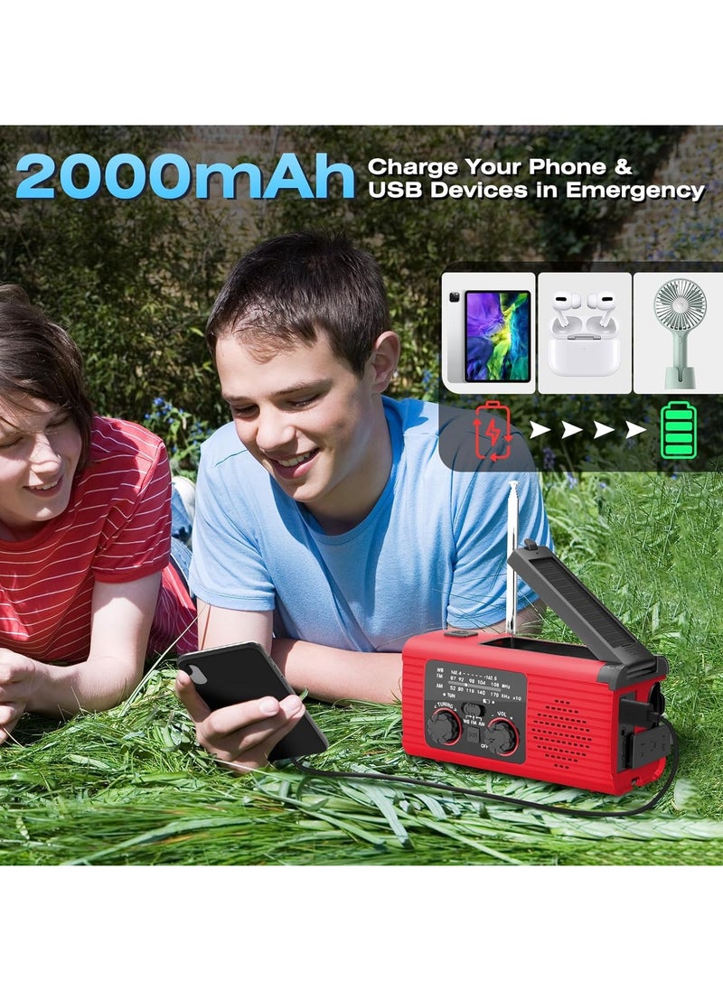 Emergency Radio, Hand Crank Radio Solar for Hurricane Supplies, AM/FM NOAA Portable Weather Radio 7400mWh with LED Flashlight, Power Bank, 180°Rotatable Reading Lamp for Emergency