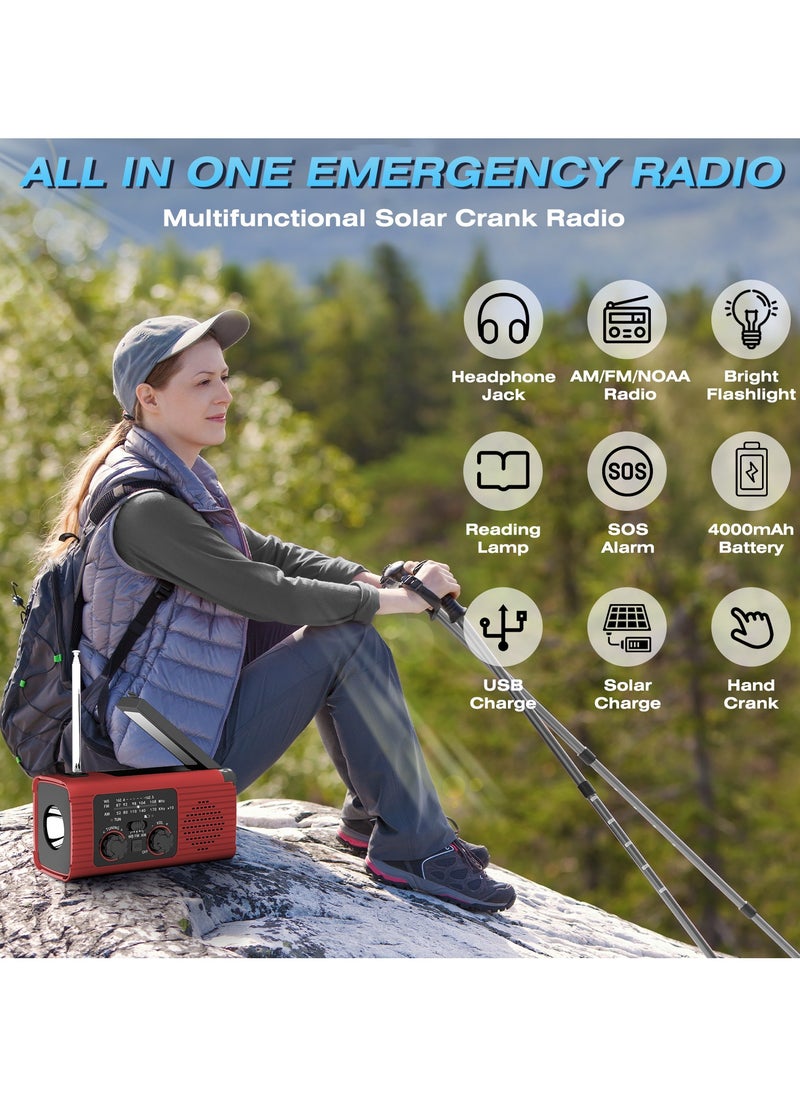 Emergency Radio, Hand Crank Radio Solar for Hurricane Supplies, AM/FM NOAA Portable Weather Radio 7400mWh with LED Flashlight, Power Bank, 180°Rotatable Reading Lamp for Emergency