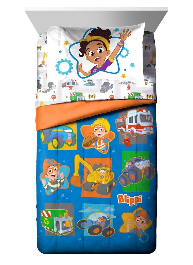 Blippi & Meekah Trucks Toddler Comforter Set - 4 Piece Blue Bedding Sheet Set & Pillow Cover - Super Soft Microfiber Bed Set