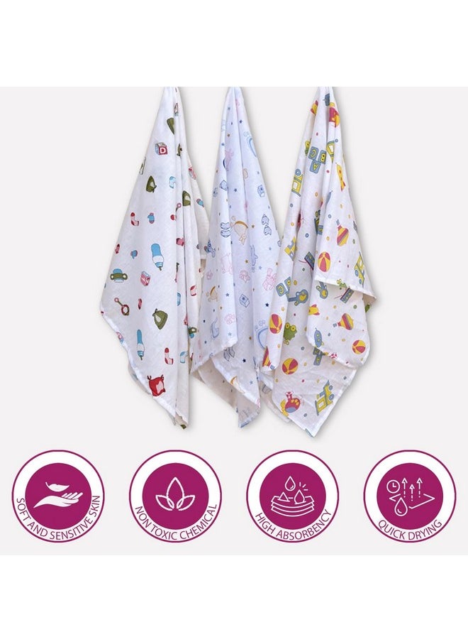 Super Ultra Soft 100% Cotton Baby Wrapper | New Born Swaddling Soft Cotton Sheets | New Born Baby Essential Swaddle Cloth | Baby Wrap Set (100X100 Cm, Nursery Print, Pack Of 3)