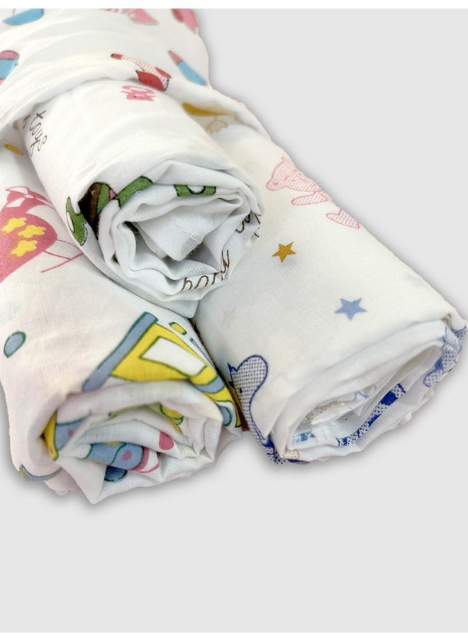 Super Ultra Soft 100% Cotton Baby Wrapper | New Born Swaddling Soft Cotton Sheets | New Born Baby Essential Swaddle Cloth | Baby Wrap Set (100X100 Cm, Nursery Print, Pack Of 3)