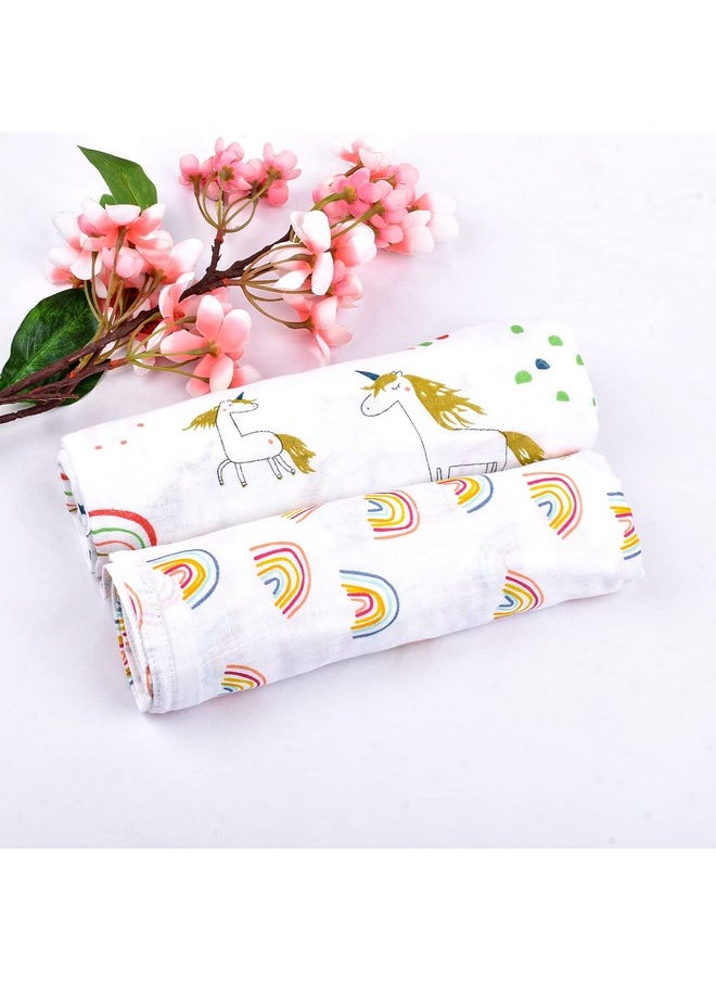 Organic Cotton Baby Muslin Swaddle Combo | Rainbow & Unicorn | 100X100 Cm | 0-12 Months | Multicolor | Pack Of 2