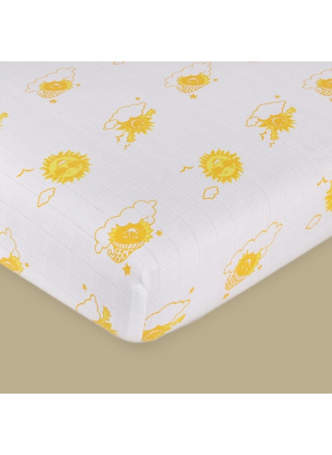 Baby Premium Organic Cotton Muslin Elastic Fitted Cot Bedsheet Crib Sheet With Sky Theme Of Sun Orange, Yellow (Size : 120 X 60 X 20 Cm) 1 Unit