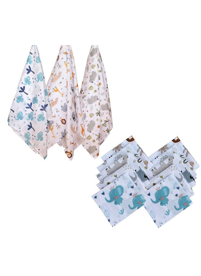 Super Soft 100% Cotton Baby Swaddle Cloth + Face Towels/Wash Cloth (3 Pcs Baby Pug Print Swaddle Cloth + 10 Pcs Baby Pug Print Wash Cloths)