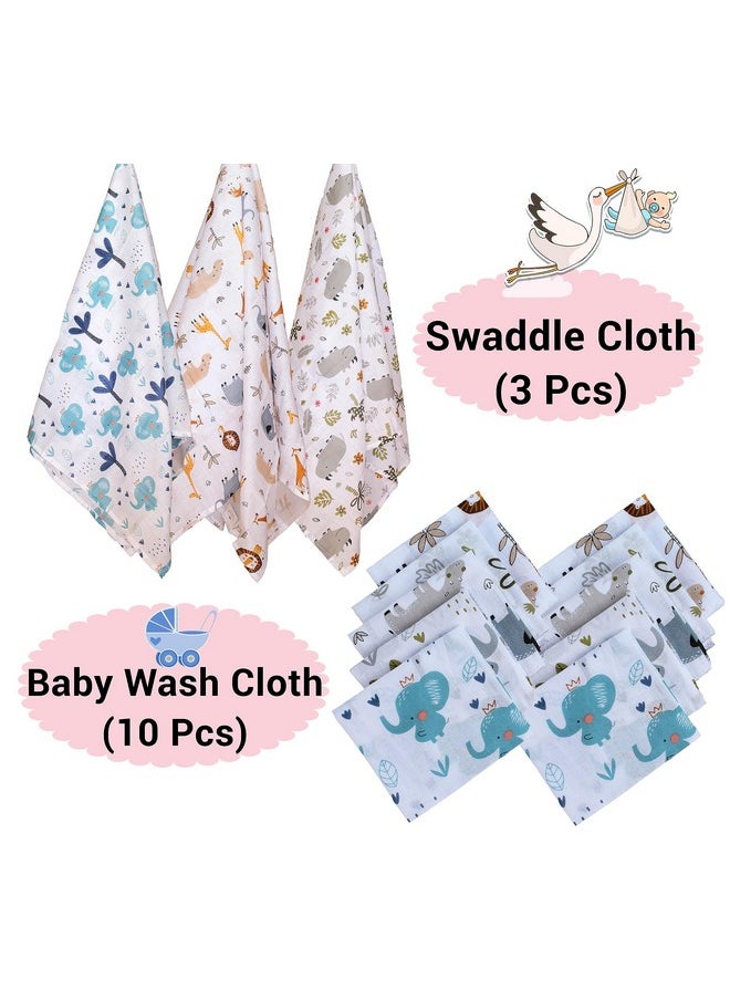 Super Soft 100% Cotton Baby Swaddle Cloth + Face Towels/Wash Cloth (3 Pcs Baby Pug Print Swaddle Cloth + 10 Pcs Baby Pug Print Wash Cloths)