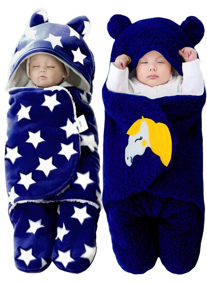 Baby Blankets New Born Combo Pack Of Wearable Super Soft Baby Wrapper Baby Sleeping Bag For Baby Boys/Girls (76Cm X 70Cm, 1-6 Months, Pack Of 2 Pcs, Fur, Navy Blue, Lightweight