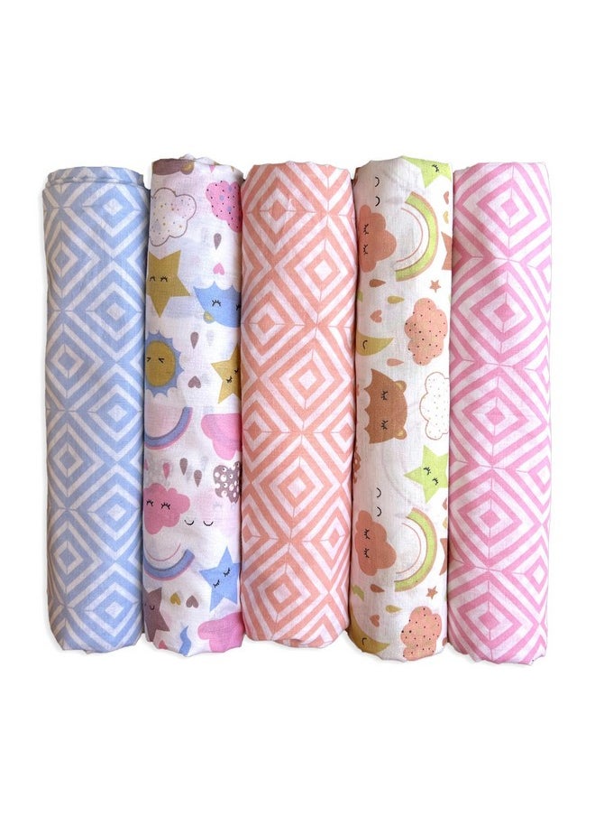 Super Soft Cotton Malmal Swaddle Cloth | Single Layer Swaddle Wrap | Multipurpose Baby Blanket (100X100 Cm, Stars & Clouds, Pack Of 5), 200 Tc