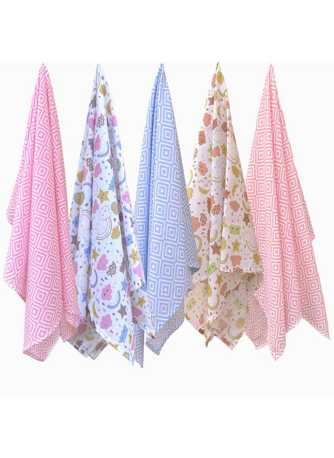 Super Soft Cotton Malmal Swaddle Cloth | Single Layer Swaddle Wrap | Multipurpose Baby Blanket (100X100 Cm, Stars & Clouds, Pack Of 5), 200 Tc