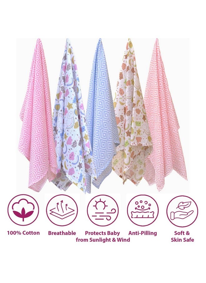 Super Soft Cotton Malmal Swaddle Cloth | Single Layer Swaddle Wrap | Multipurpose Baby Blanket (100X100 Cm, Stars & Clouds, Pack Of 5), 200 Tc