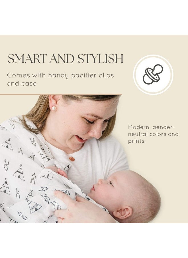 Swaddle Blanket & Pacifier Clip Set - Four Large Cotton Muslin Receiving Blankets Plus Two Universal Binky Holders And Zip-Close Paci Case - Great For New Girl Or Boy