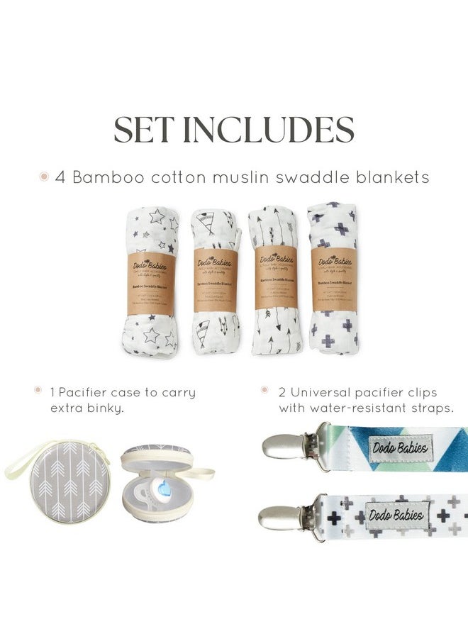 Swaddle Blanket & Pacifier Clip Set - Four Large Cotton Muslin Receiving Blankets Plus Two Universal Binky Holders And Zip-Close Paci Case - Great For New Girl Or Boy