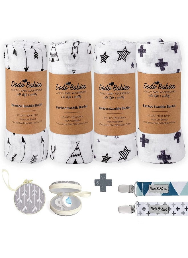 Swaddle Blanket & Pacifier Clip Set - Four Large Cotton Muslin Receiving Blankets Plus Two Universal Binky Holders And Zip-Close Paci Case - Great For New Girl Or Boy