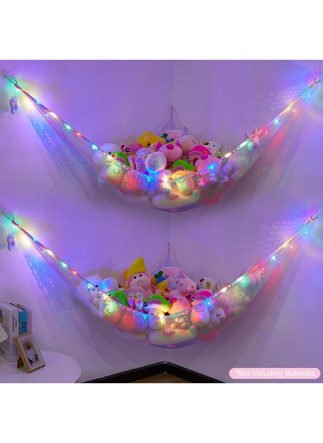 Stuffed Animals Net Or Hammock With Led Light Hanging Toy Net Hammock For Stuffed Animals Storage Stuff Animals Hammocks For Nursery Kids Room With Remote Control, 8 Kinds Of Lights(Pack Of 2)