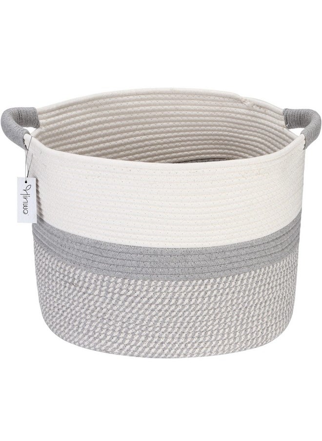 Oval Cotton Rope Storage Basket Collapsible Nursery Storage Box Container Organizer With Handles, 16 X 13 Inches, Off White And Grey