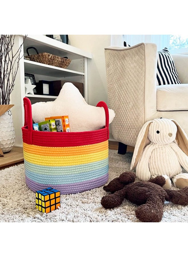 Rainbow Shelf Basket, Medium Woven Storage Basket, Empty Baby Gift Basket With Handles, Cotton Rope Basket For Towel, 13.5 X 11 X 9 Inches