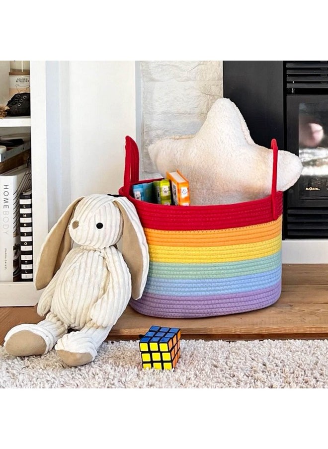 Rainbow Shelf Basket, Medium Woven Storage Basket, Empty Baby Gift Basket With Handles, Cotton Rope Basket For Towel, 13.5 X 11 X 9 Inches