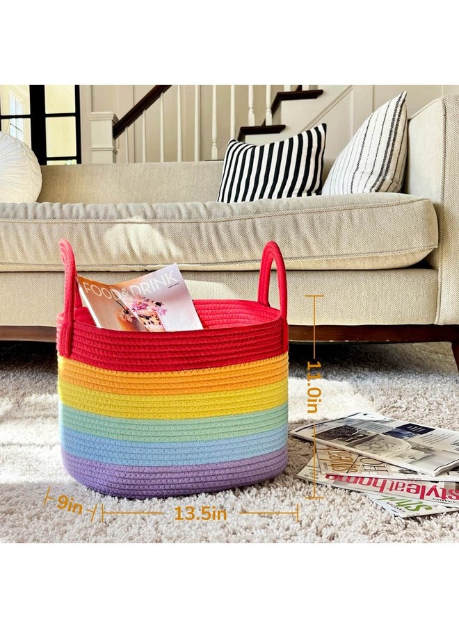 Rainbow Shelf Basket, Medium Woven Storage Basket, Empty Baby Gift Basket With Handles, Cotton Rope Basket For Towel, 13.5 X 11 X 9 Inches