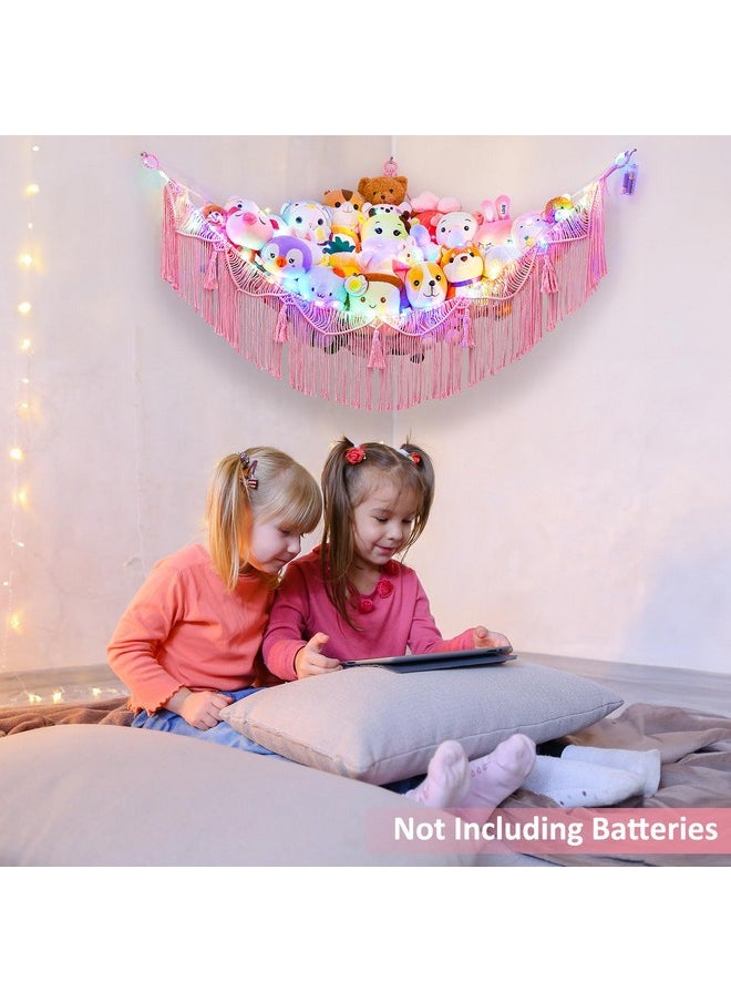 Stuffed Animals Hammock With Led Light Corner Hanging Net For Stuffed Animals Storage Girls Room Decor Stuff Animals Organizer Holder With Tassels Toy Hammock Storage, Pink