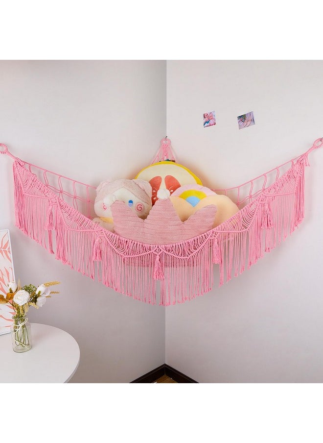 Stuffed Animals Hammock With Led Light Corner Hanging Net For Stuffed Animals Storage Girls Room Decor Stuff Animals Organizer Holder With Tassels Toy Hammock Storage, Pink