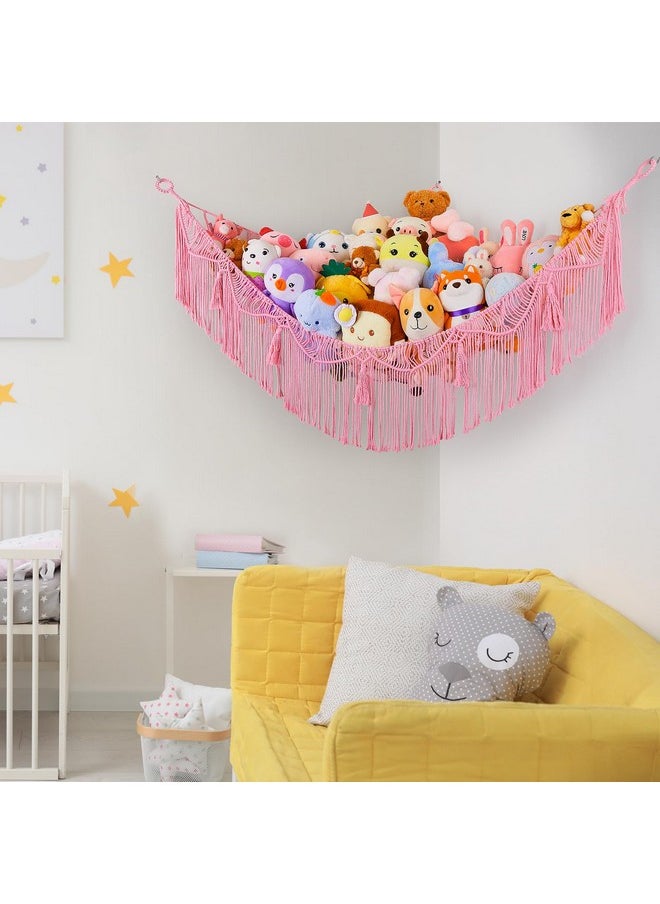 Stuffed Animals Hammock With Led Light Corner Hanging Net For Stuffed Animals Storage Girls Room Decor Stuff Animals Organizer Holder With Tassels Toy Hammock Storage, Pink