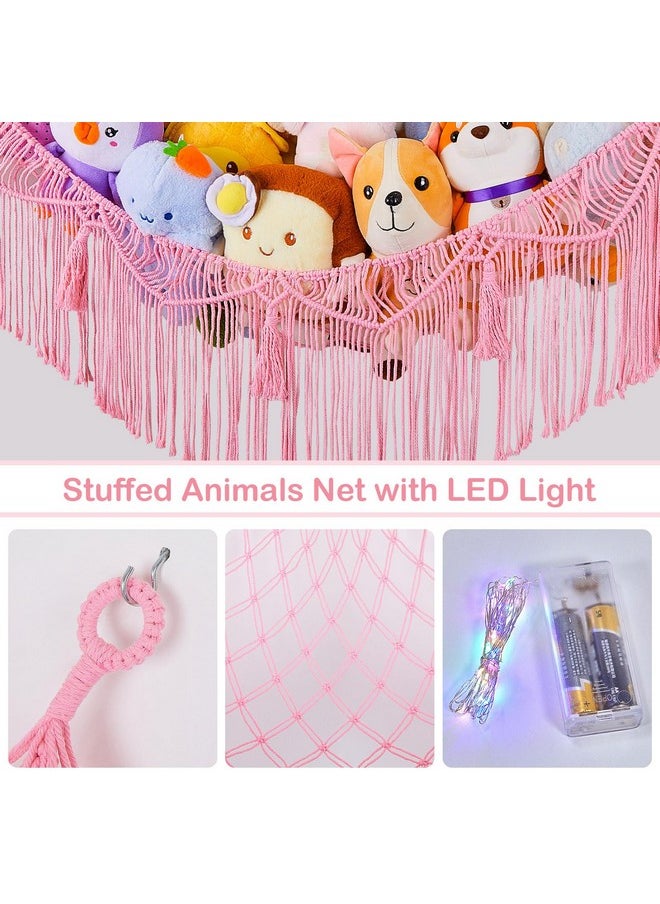 Stuffed Animals Hammock With Led Light Corner Hanging Net For Stuffed Animals Storage Girls Room Decor Stuff Animals Organizer Holder With Tassels Toy Hammock Storage, Pink