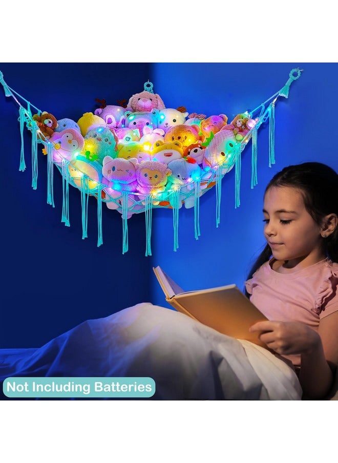 Stuffed Animals Net Or Hammock With Led Light, Hanging Stuffed Animals Storage Toy Hammock Net Corner Wall Girls Room Decor Toy Storage Organizer, Light Aqua Green, L