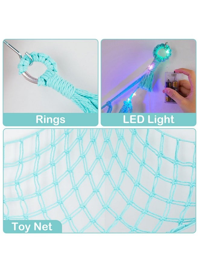 Stuffed Animals Net Or Hammock With Led Light, Hanging Stuffed Animals Storage Toy Hammock Net Corner Wall Girls Room Decor Toy Storage Organizer, Light Aqua Green, L