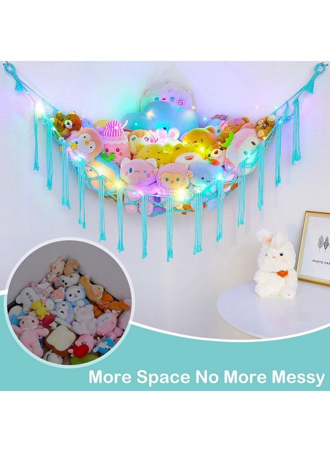 Stuffed Animals Net Or Hammock With Led Light, Hanging Stuffed Animals Storage Toy Hammock Net Corner Wall Girls Room Decor Toy Storage Organizer, Light Aqua Green, L