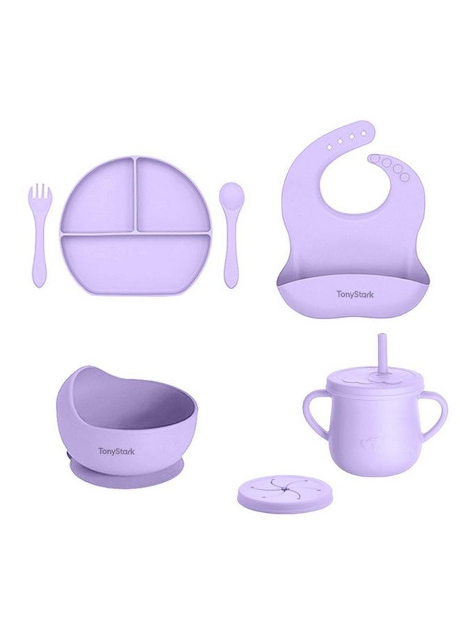 7 Pcs Silicone Baby Feeding Set Bpa-Free,Microwave Safe,Anti-Slip Base | Complete Tableware Kit For Babies & Toddlers With Suction Plate,Bowl,Cup, Spoon,Fork & Bib (Lavender)