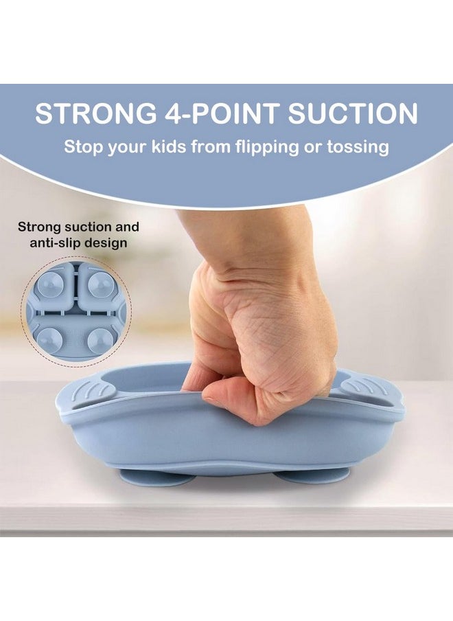 Baby Suction Plates For Baby Feeding With 4 Strong Suction Cups, Silicone Toddler Plates With Spoon & Fork For Kids To Feed Themselves, Dish Washer & Micro-Wave Oven Safe, Solid