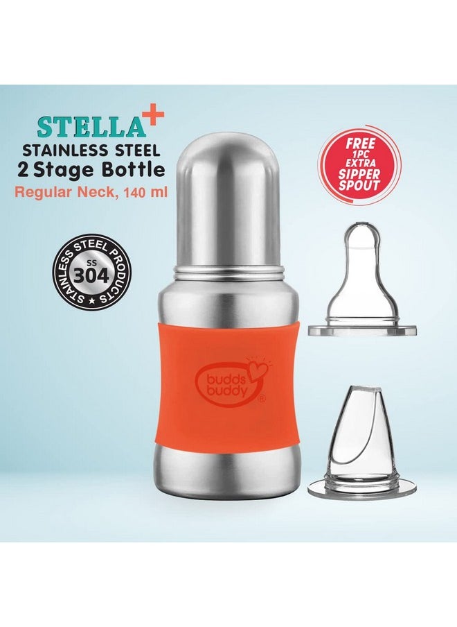 Stella Plus Neck New Born Baby Feeding Bottle Made With High Grade Stainless Steel | Rust Free Feeding Bottle With Nipple | Leak Proof Baby Bottle | With Extra Spout Sipper | 180 Ml | Orange