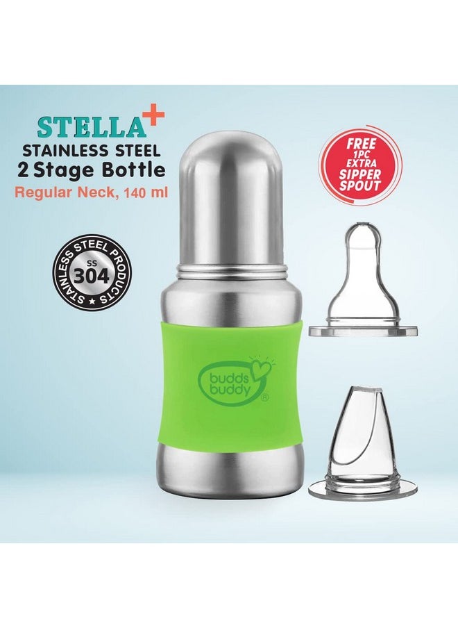 Stella Plus Neck New Born Baby Feeding Bottle Made With High Grade Stainless Steel | Rust Free Feeding Bottle With Nipple | Leak Proof Baby Bottle | With Extra Spout Sipper | 180 Ml | Green